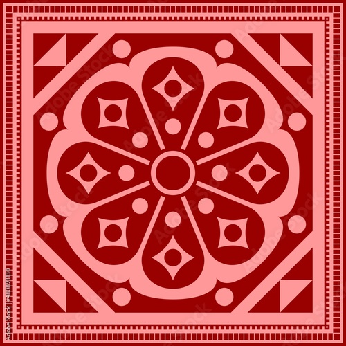 Square pattern with rosette ornament and geometric border. Vector design.