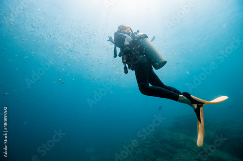 Woman swimming undersea below school of fish at Del Coco beach