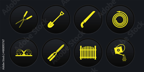Set Automatic irrigation sprinklers, Garden hose or fire hose, Gardening handmade scissor, fence, saw, shovel, Watering can and icon. Vector