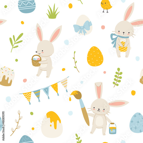 Cute baby easter bunny with painted eggs pattern. Seamless vector print for textile, fabric, apparel, paper.