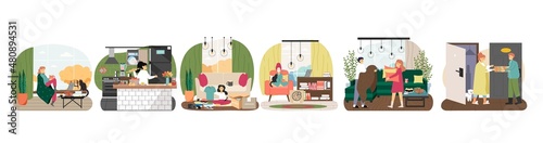 Home cosiness set. Cozy kitchen, living room, comfortable furniture, blanket, online shopping, pizza delivery, vector.