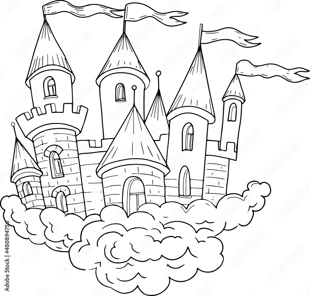 Coloring book castle in the clouds hand drawn fairy tale fairy story doodle princess palace
