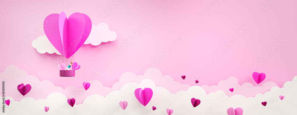 Valentine's Day concept. Woman throws hearts from hot air balloon. Paper art style. 3D rendering.