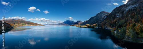 Austria, Upper Austria, Unterach am Attersee, Drone panorama of Lake Atter photo