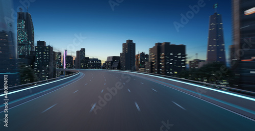 Curvy flyover highway moving forward road with cityscape
