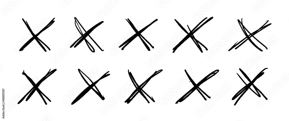 Fototapeta premium A set of drawn crosses. Scribble strikethrough markers isolated on white background. Doodle prohibition element. Vector illustration of a checkmark.