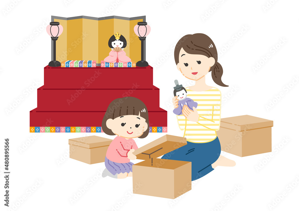 ひな人形を飾る母親と娘のイラスト/線画なし ひな人形を飾る母親と娘のイラスト/線画なし