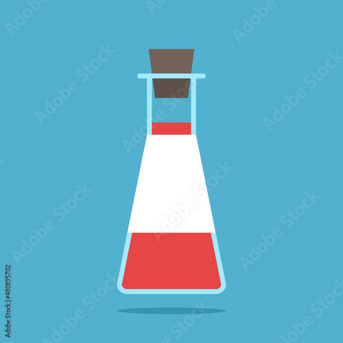 Flask with red fluid or blood. Test, chemistry, medicine, health care, research and science concept. Flat design. Vector illustration. EPS 8, no gradients, no transparency