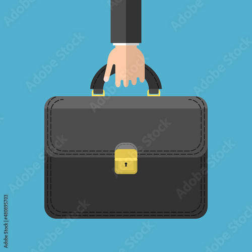 Businessman hand holding black briefcase. Business, portfolio, work, career, investment and travel concept. Flat design. Vector illustration. EPS 8, no gradients, no transparency