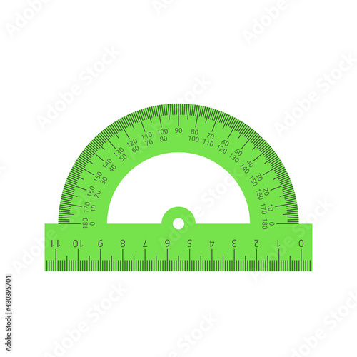 Protractor, green isolated on white. Geometry, school, angle measurement and drawing tool concept. Flat design. Vector illustration. EPS 8, no gradients, no transparency