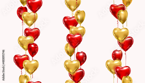 Seamless border red and gold foil balloons. Vector heart shape air balloon vertical pattern set. Valentine day or birthday party decoration elements.
