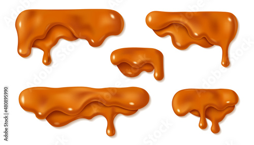 Set of melted caramel drop of sweet sauce isolated on white background. Orange or brown paint stains design. Vector illustration. Realistic horizontal leaking syrup dripping photo