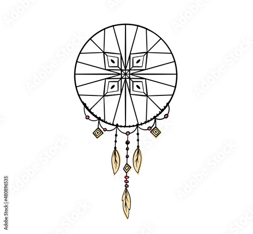 Hand drawn Native American Indian talisman dreamcatcher with feathers and moon. Ethnic design, boho chic, tribal symbol. Vector ethnic print design