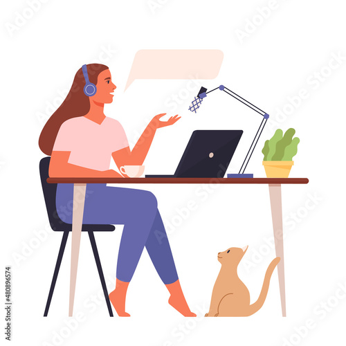 Podcast concept. Smiling woman recording audio podcast at home. Vector flat illustration