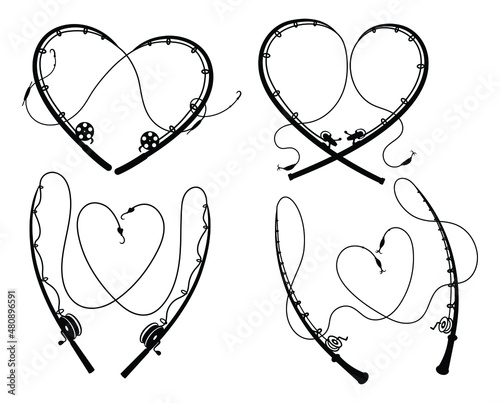 Set of fishing rods with heart. Collection of river fishing with love. Favorite nautical hobby. Vector illustration of couples fishing on white background.