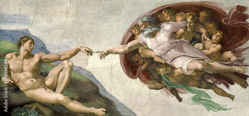Fotografiet Rome Italy March 08 creation of Adam , Michelangelo's frescoes in Sistine Chapel
