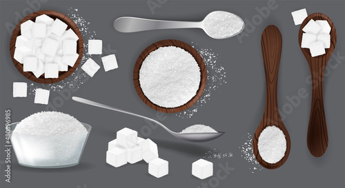 White sugar set with piles and cubes realistic. White grain sugar in spoon, pile top and side views. Sweet fructose seasoning vector set