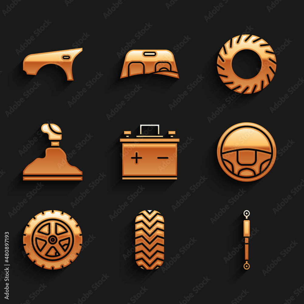 Set Car battery, tire, Shock absorber, Steering wheel, Gear shifter, and fender icon. Vector Set Car battery, tire, Shock absorber, Steering wheel, Gear shifter, and fender icon. Vector