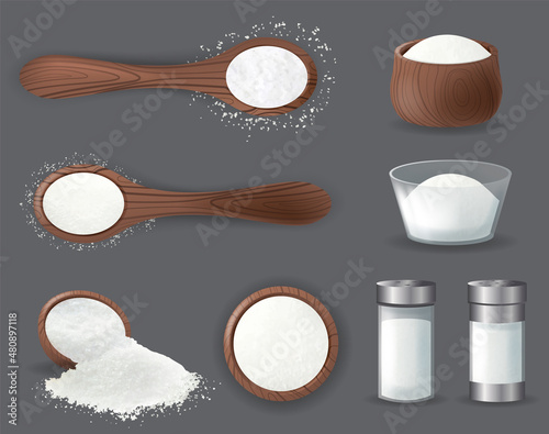 Fotografie, Obraz Salt realistic set of isolated icons piles of edible salt of different fracture with salt cellars