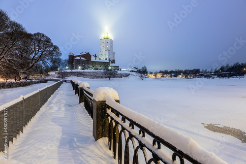 panorama of Vyborg castle and Castle island in the early winter photo