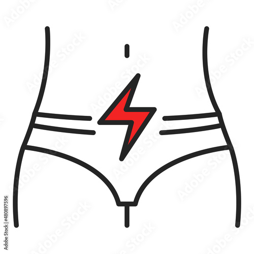 Menstrual pain vector isolated icon. Symbol of a belly and pain during menstruation. Painful period. Pictogram of abdominal pain.