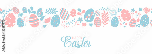 Cute Easter horizontal seamless pattern with leafs, flowers, easter eggs and  lettering. Beautiful background great for Easter cards, banner, textiles, wallpapers. Vector illustration in flat cartoon 