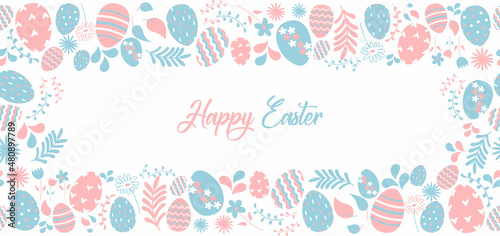 Cute Easter seamless pattern frame with leafs, flowers, easter eggs and lettering. Beautiful background great for Easter cards, advertising, banner, textiles, wallpapers. Vector illustration in flat