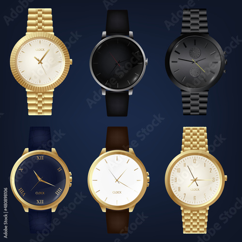Wristwatches. Realistic luxury silver and golden men watches with modern steel bracelets fashion. 3D classic and modern business watches with chronograph, metal and leather bracelet.
