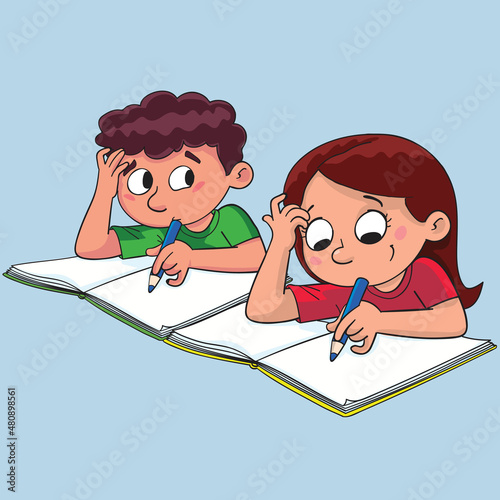 boy and a girl write in a notebook in class