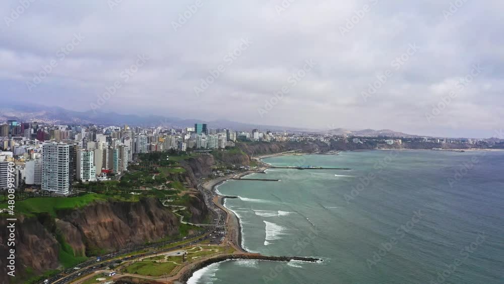 Costa verde ocean cliff rotating Miraflores, Lima, Peru 4k