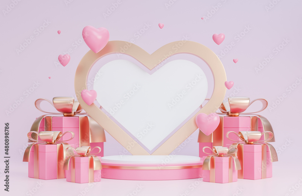 Happy valentine day banner with podium for product presentation and hearts 3d objects on pink background.,3d model and illustration.