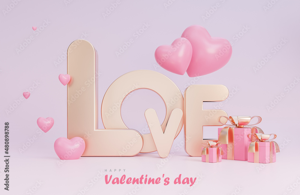 Happy valentine day banner with text Love 3d objects on pink background.,3d model and illustration.