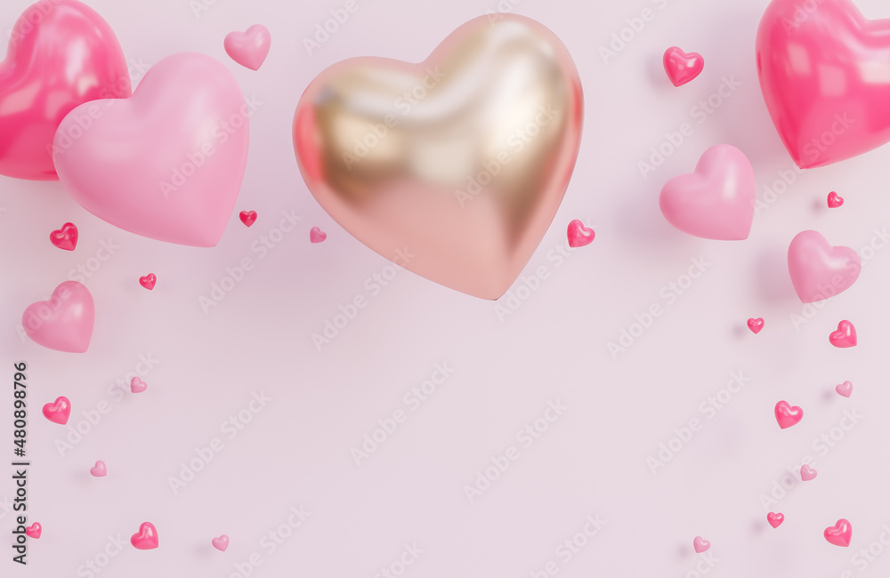 Happy valentine day banner with many hearts 3d objects on pink background.,3d model and illustration.