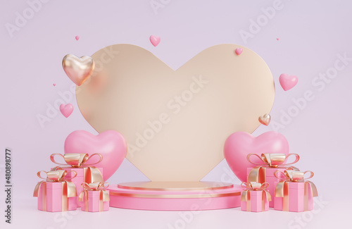 Happy valentine day banner with podium for product presentation and hearts 3d objects on pink background.,3d model and illustration.