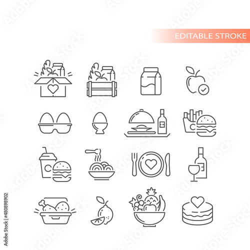 Food, tasty food crate, ball of fruits. Cake, eggs, take away delivery outlined vector icon set.