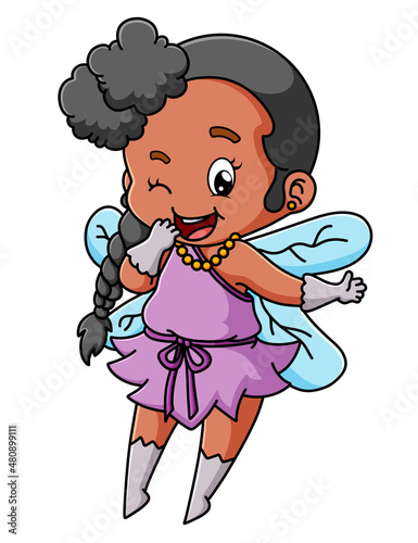The cute fairy is smiling while flying and very shy