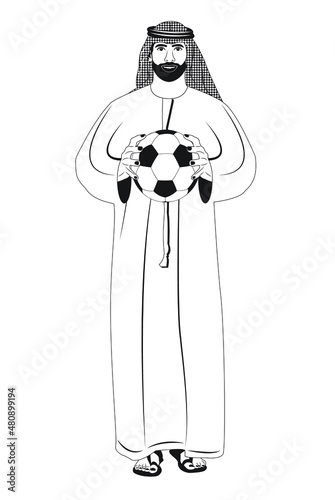 Arab man standing holding a soccer ball in anticipation of world cup 2022, black and white vector illustration