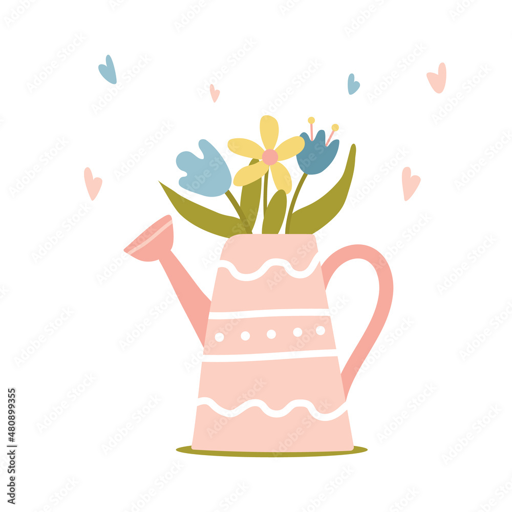 Pink watering can with beautiful, bright spring flowers. Colored doodles for Easter, holidays. Childish print for nursery. For posters, cards, clothes. Vector illustration of cartoon in pastel colors
