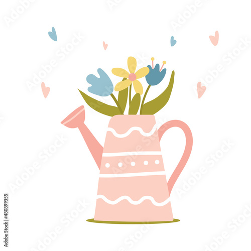 Pink watering can with beautiful, bright spring flowers. Colored doodles for Easter, holidays. Childish print for nursery. For posters, cards, clothes. Vector illustration of cartoon in pastel colors