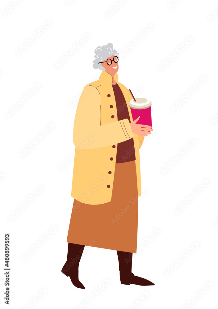 Senior Woman in Modern Yellow Coat Drinking Coffe.Stylish Retired Pensioner Lady,Coffee Cup in Hands Wearing Trendy Outfit.Old Fashion Woman,Cold Season Trend.Vector Illustration on white Backcround Senior Woman in Modern Yellow Coat Drinking Coffe.Stylish Retired Pensioner Lady,Coffee Cup in Hands Wearing Trendy Outfit.Old Fashion Woman,Cold Season Trend.Vector Illustration on white Backcround