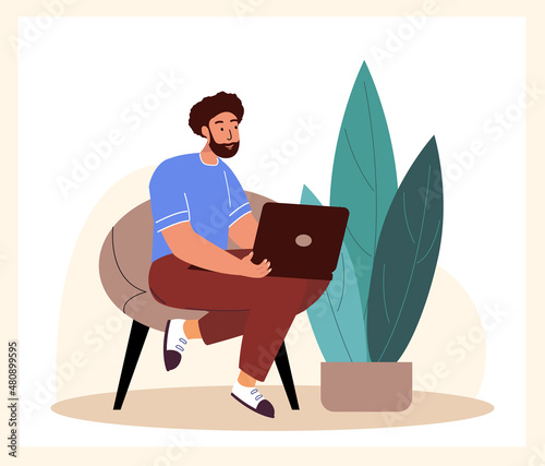 Foto Man work with laptop through internet