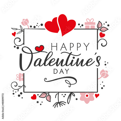 Valentines Day greeting card template - Valentines day background with heart pattern, flowers and typography of happy valentines day text