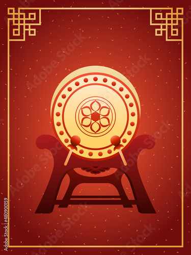 Drum isolated on red background with chinese traditional golden frame.Vector illustration of traditional chinese musical instrument.