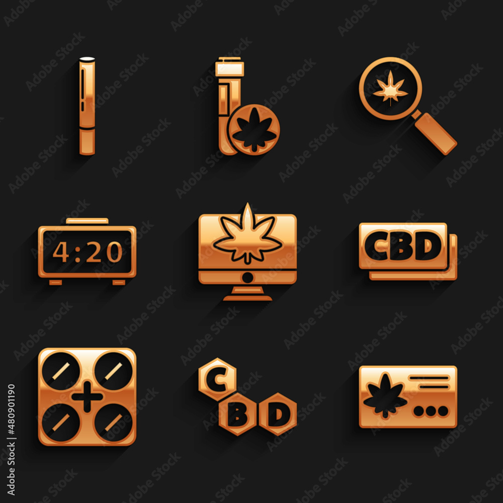 Set Monitor and marijuana or cannabis, Cannabis molecule, Calendar leaf, Medical pills with, Digital alarm clock, Magnifying glass and Marijuana joint icon. Vector Set Monitor and marijuana or cannabis, Cannabis molecule, Calendar leaf, Medical pills with, Digital alarm clock, Magnifying glass and Marijuana joint icon. Vector