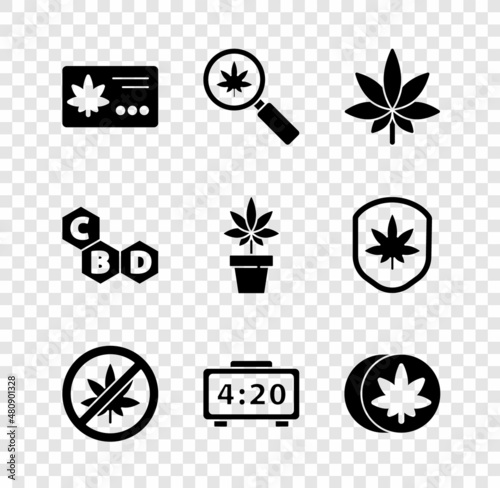 Set Calendar and marijuana leaf, Magnifying glass, Marijuana or cannabis, Stop, Digital alarm clock, Herbal ecstasy tablets, Cannabis molecule and plant icon. Vector