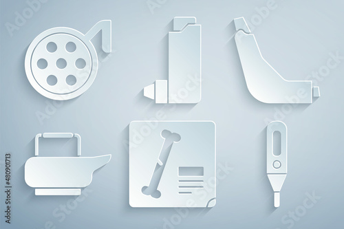 Set X-ray shots, Inhaler, Bedpan, Medical digital thermometer, and Surgery lamp icon. Vector