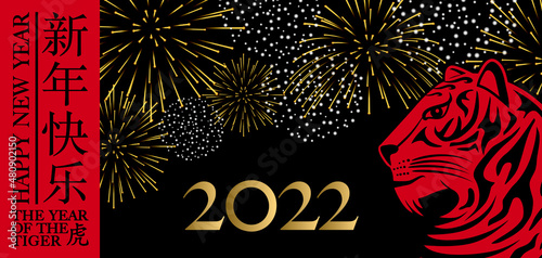 2022 - Bannière pour le nouvel an chinois du tigre avec tête de l’animal de profil sur un fond noir avec des feux d’artifice - texte chinois et anglais - traduction : bonne année, tigre.