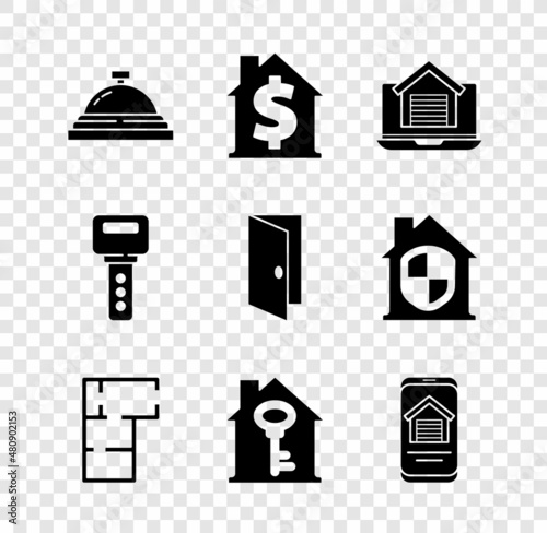 Set Hotel service bell, House with dollar symbol, Online real estate house, plan, key, and Closed door icon. Vector