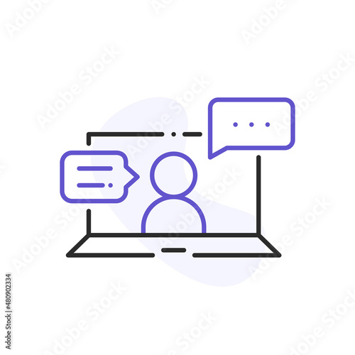 Laptop with human and messages. Work chat, online communication. Video conference and online meeting concept. Distance work and learning. Vector illustration. Laptop, computer, chatting, conferencing