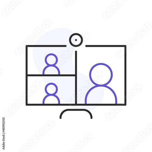 Laptop with people on screen communicating on video chat. Video conference and online meeting concept. Distance work and learning. Vector illustration. Laptop, computer, chatting, conferencing